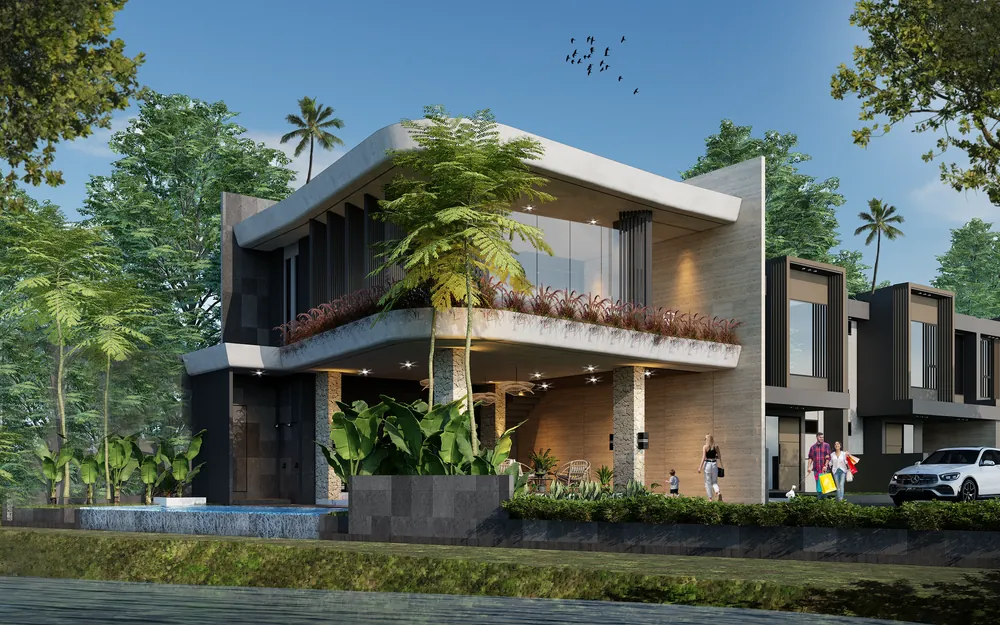 Render clubhouse dengan kanopi lebar, taman tropis, dan kolam di depannya