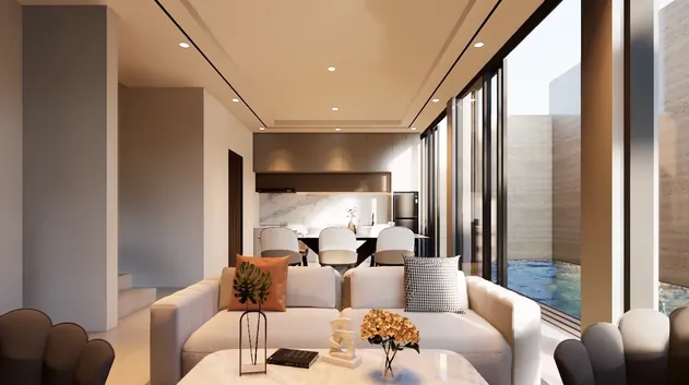 Render ruang keluarga dengan sofa krem dan jendela kaca tinggi
