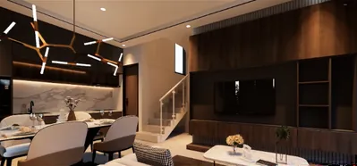 Render ruang makan dengan lampu gantung dan tangga di sisi ruangan