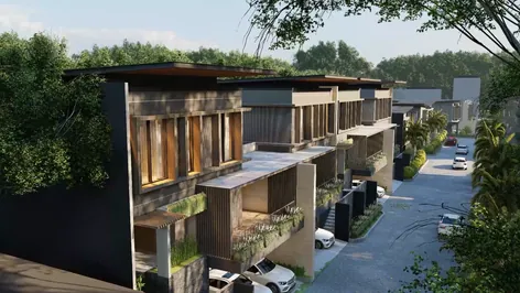 Render jalan lingkungan di antara deretan rumah