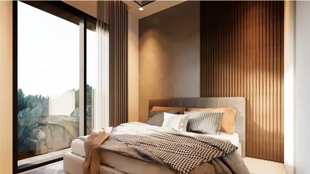 Render kamar tidur dengan panel kayu di dinding dan jendela besar