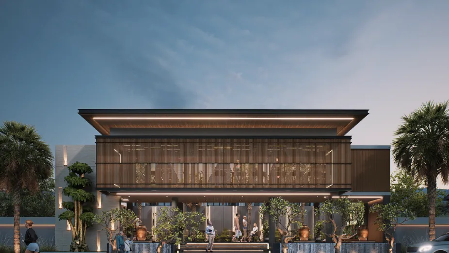Render clubhouse dua lantai dengan kolam renang di depannya