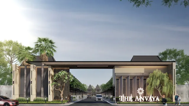 Render gerbang masuk kawasan dengan papan nama The Anvaya