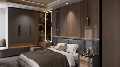 Render kamar tidur dengan headboard abu dan lemari tinggi