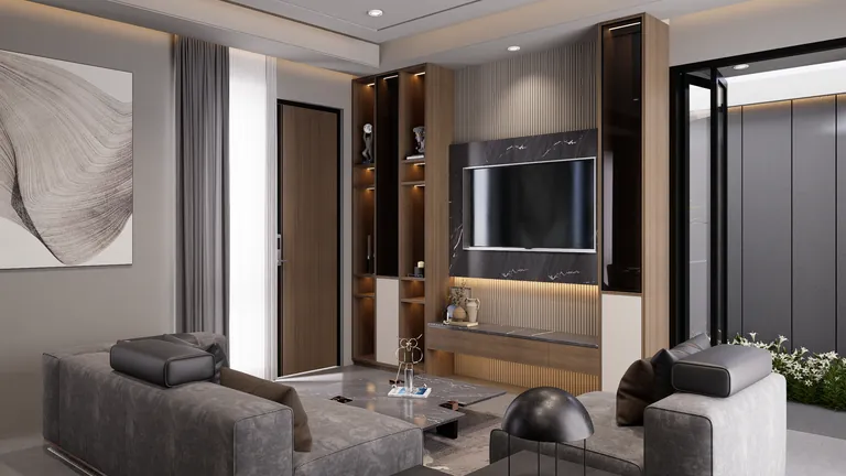 Render ruang keluarga dengan sofa abu dan panel kayu di dinding TV