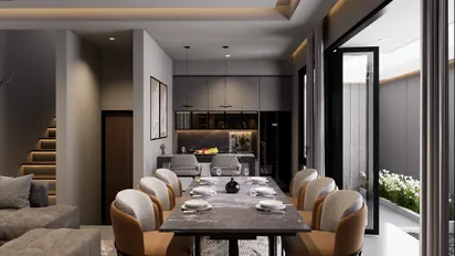 Render ruang makan dengan kursi oranye dan tangga berlampu di sisi ruangan