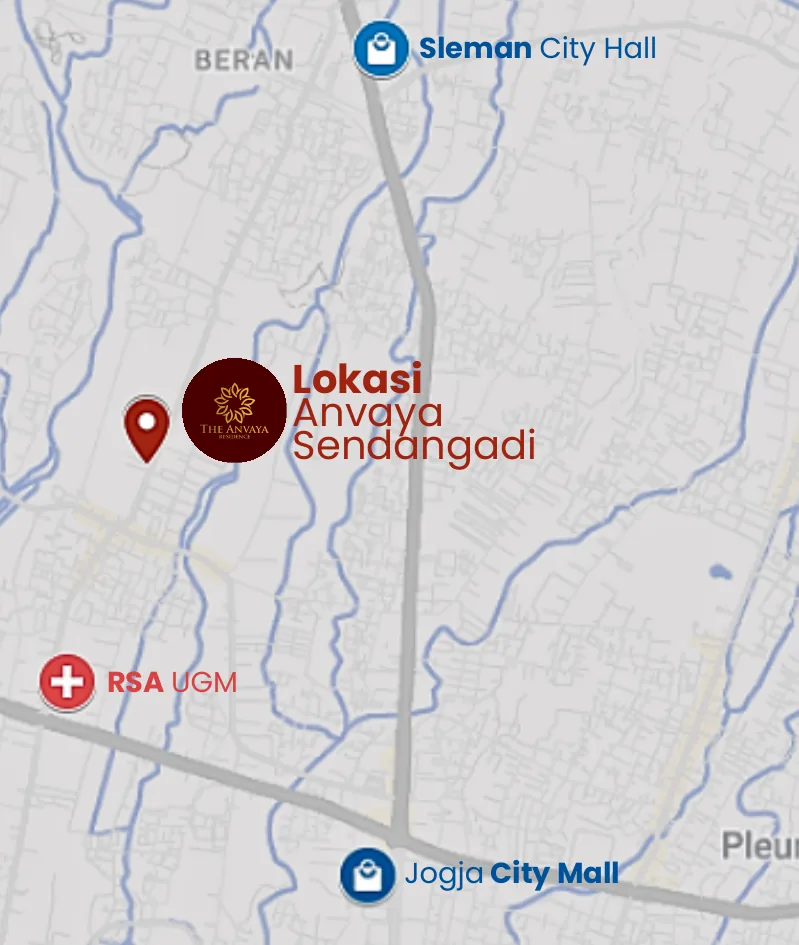 Peta ilustrasi lokasi The Anvaya Residence Sendangadi dengan Sleman City Hall di utara, RSA UGM di barat daya, dan Jogja City Mall di selatan