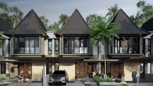 Render fasad Tipe 106, tiga rumah dua lantai beratap limas berdampingan