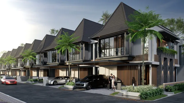 Render Tipe 125, deretan rumah dua lantai beratap limas di tepi jalan kawasan