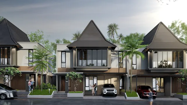 Render fasad Tipe 130 dengan carport dan taman depan