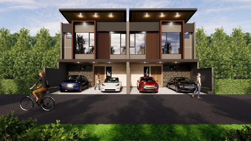 Render fasad Tipe 110, dua unit berdampingan dengan aksen kayu dan carport