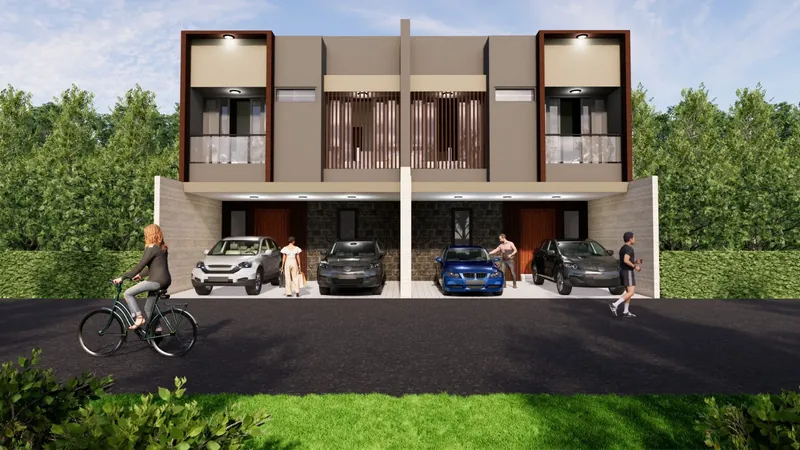 Render fasad Tipe 130 dengan balkon lantai 2 dan carport