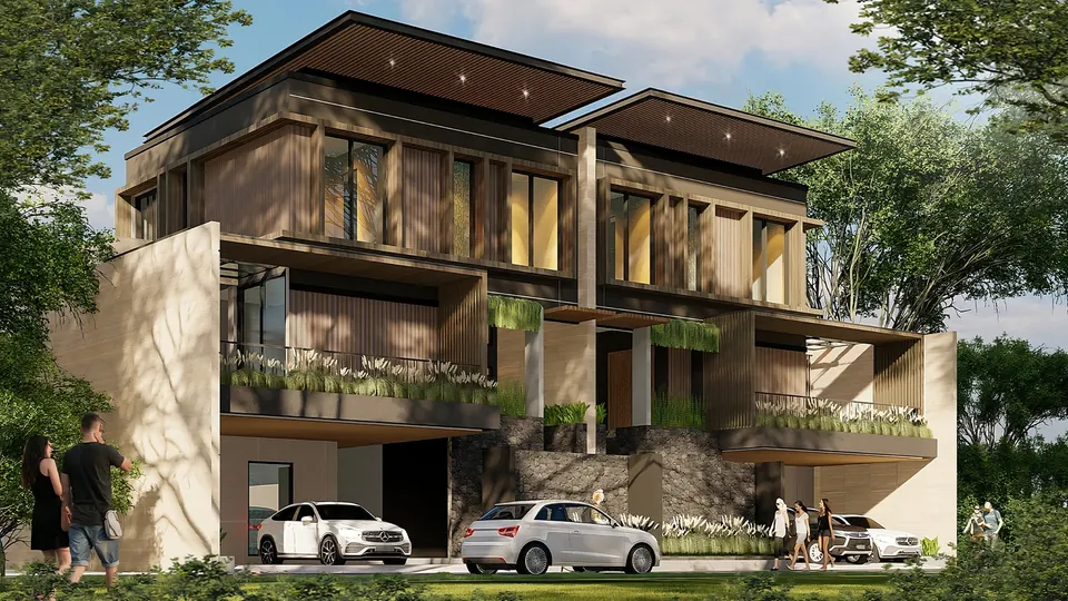 Render fasad Tipe 300 tiga lantai dengan kisi kayu, tanaman di balkon, dan carport